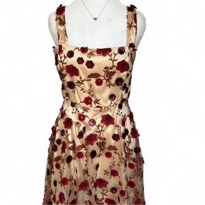 Lulus So Excited Gold Red Floral Embroidered Dress Size S P-P16 L 27in